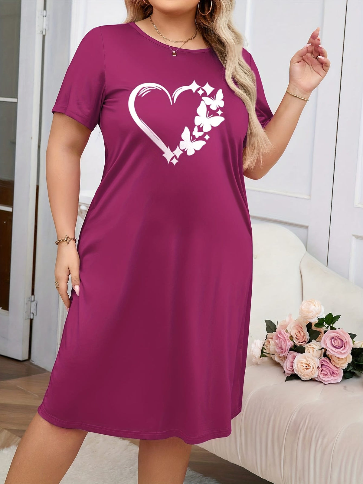 jkthpu-45 [Heart Print Comfortable Nightgown] Plus-Size Women's Nightgown - Heart Print Round Neck Short Sleeves Casual Comfortable T-Shirt Style Dress