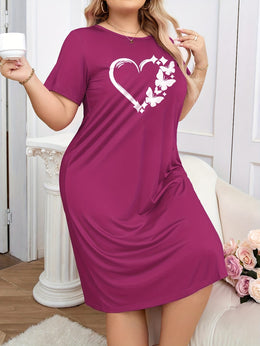 jkthpu-45 [Heart Print Comfortable Nightgown] Plus-Size Women's Nightgown - Heart Print Round Neck Short Sleeves Casual Comfortable T-Shirt Style Dress
