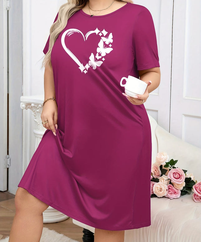 jkthpu-45 [Heart Print Comfortable Nightgown] Plus-Size Women's Nightgown - Heart Print Round Neck Short Sleeves Casual Comfortable T-Shirt Style Dress