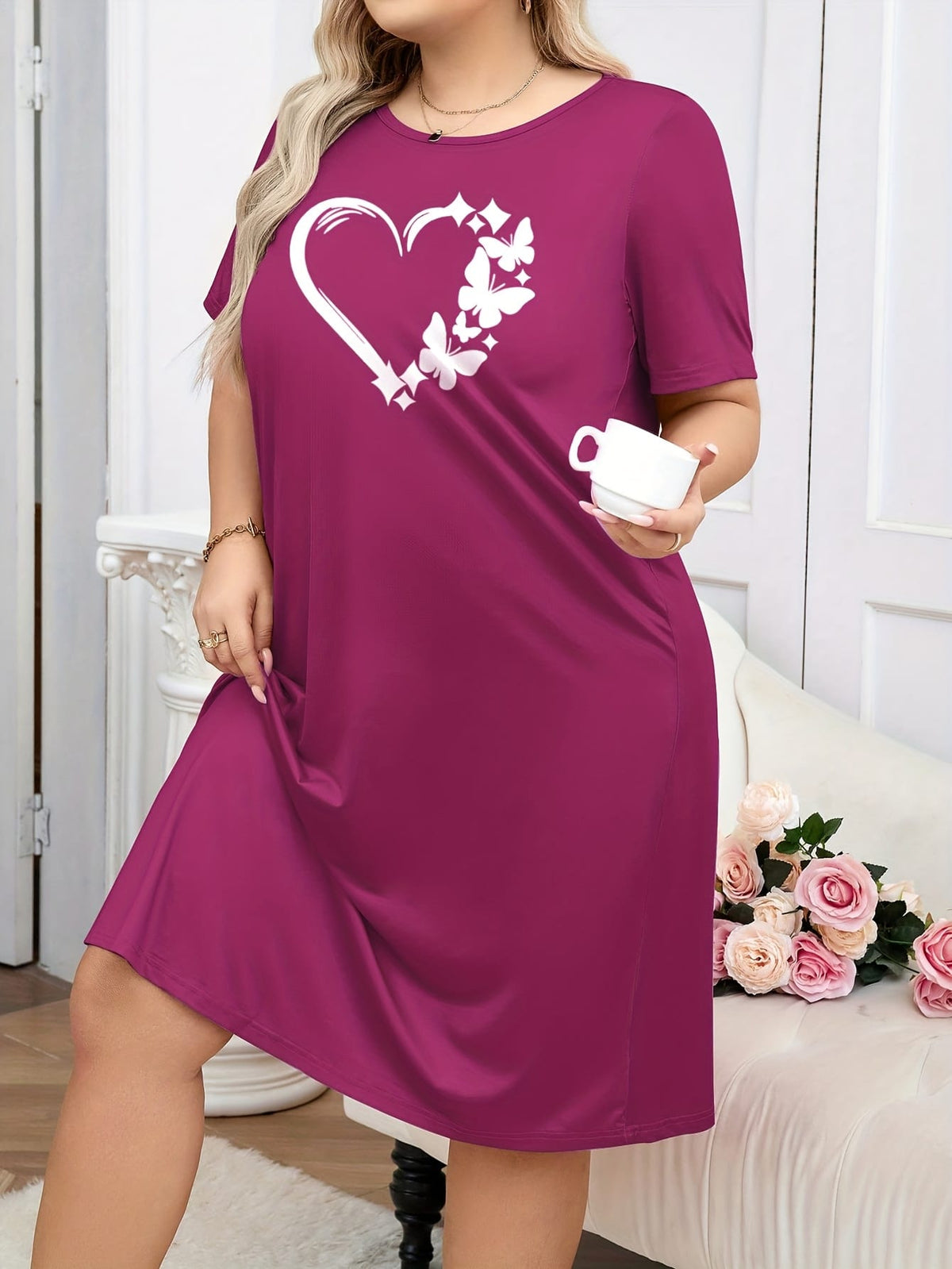 jkthpu-45 [Heart Print Comfortable Nightgown] Plus-Size Women's Nightgown - Heart Print Round Neck Short Sleeves Casual Comfortable T-Shirt Style Dress