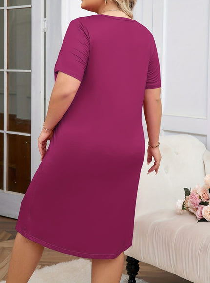 jkthpu-45 [Heart Print Comfortable Nightgown] Plus-Size Women's Nightgown - Heart Print Round Neck Short Sleeves Casual Comfortable T-Shirt Style Dress