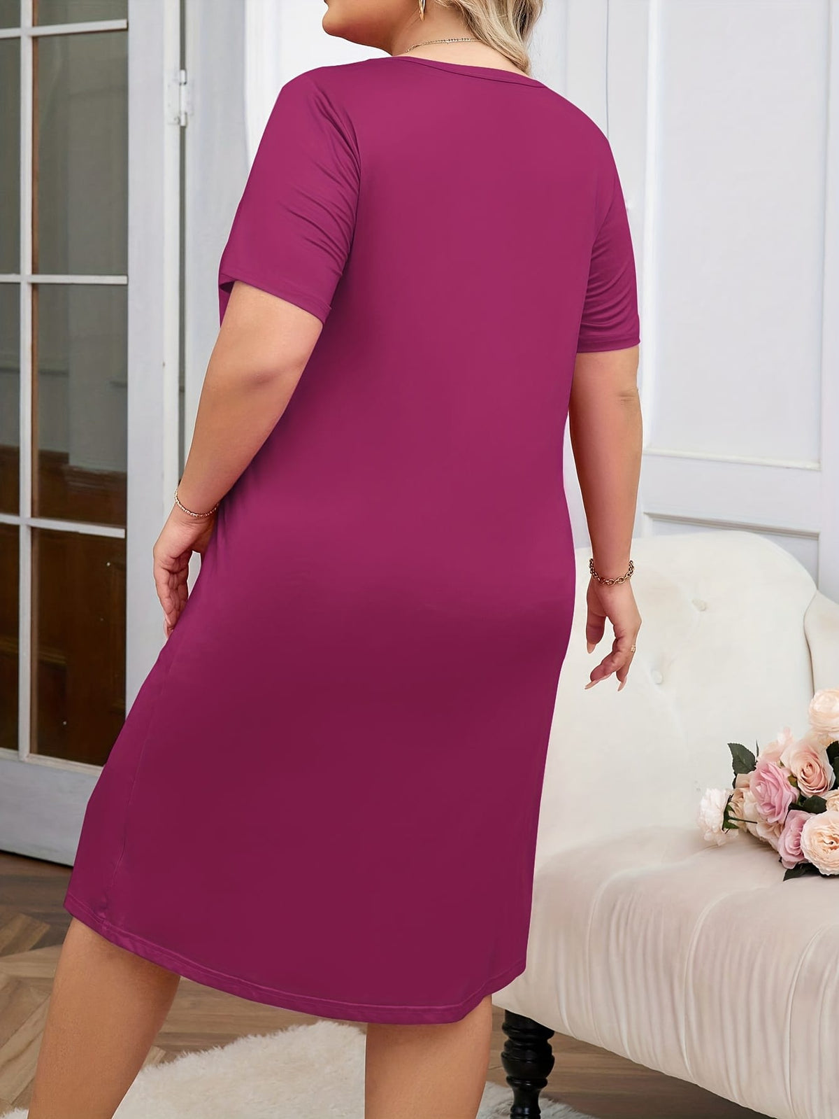jkthpu-45 [Heart Print Comfortable Nightgown] Plus-Size Women's Nightgown - Heart Print Round Neck Short Sleeves Casual Comfortable T-Shirt Style Dress