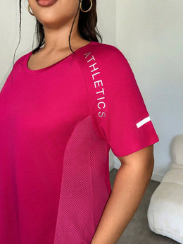 Easithlete Hem Letter Print Summer Sports Short Sleeve T-Shirt Plus Size