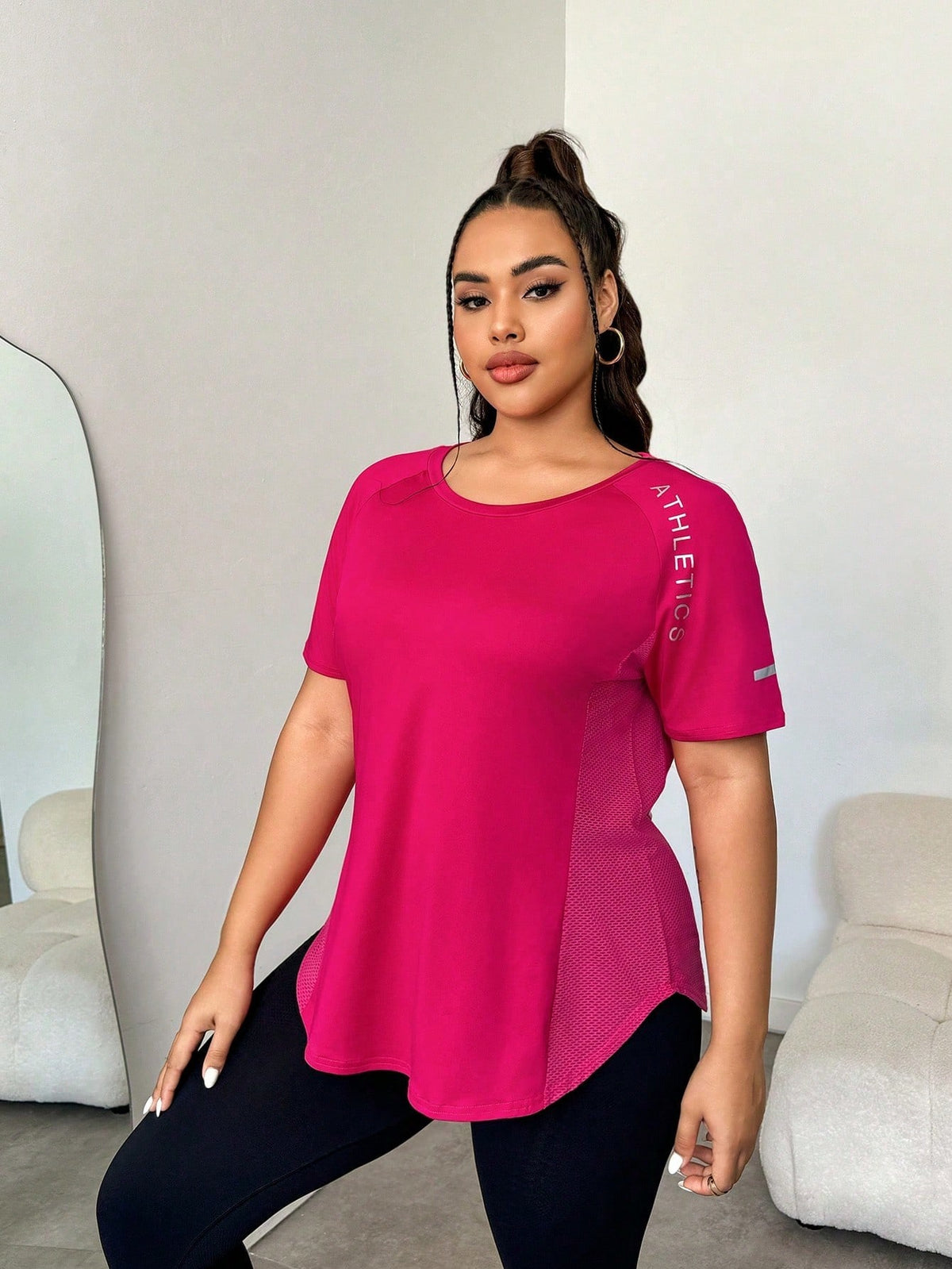 Easithlete Hem Letter Print Summer Sports Short Sleeve T-Shirt Plus Size