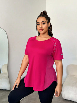 Easithlete Hem Letter Print Summer Sports Short Sleeve T-Shirt Plus Size