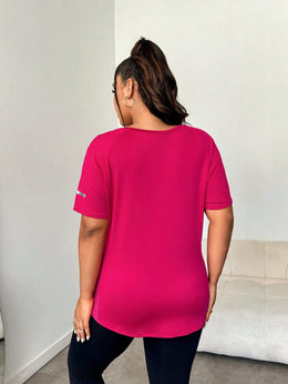 Easithlete Hem Letter Print Summer Sports Short Sleeve T-Shirt Plus Size