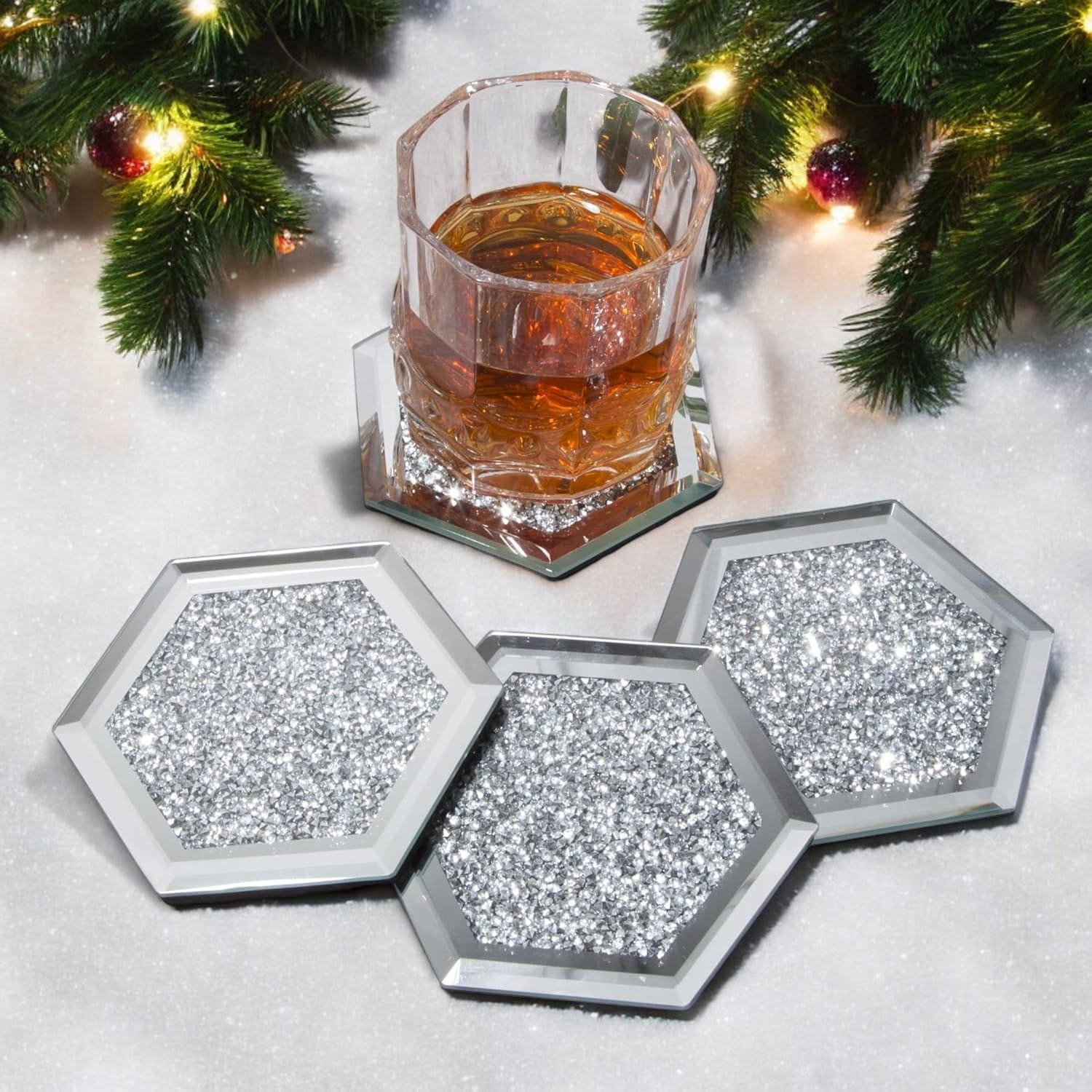 KissICON Hexagon Serenas Hexagon Crystal Glass Glitter Diamond Coaster Set