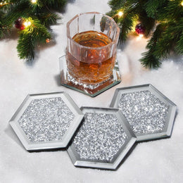 KissICON Hexagon Serenas Hexagon Crystal Glass Glitter Diamond Coaster Set
