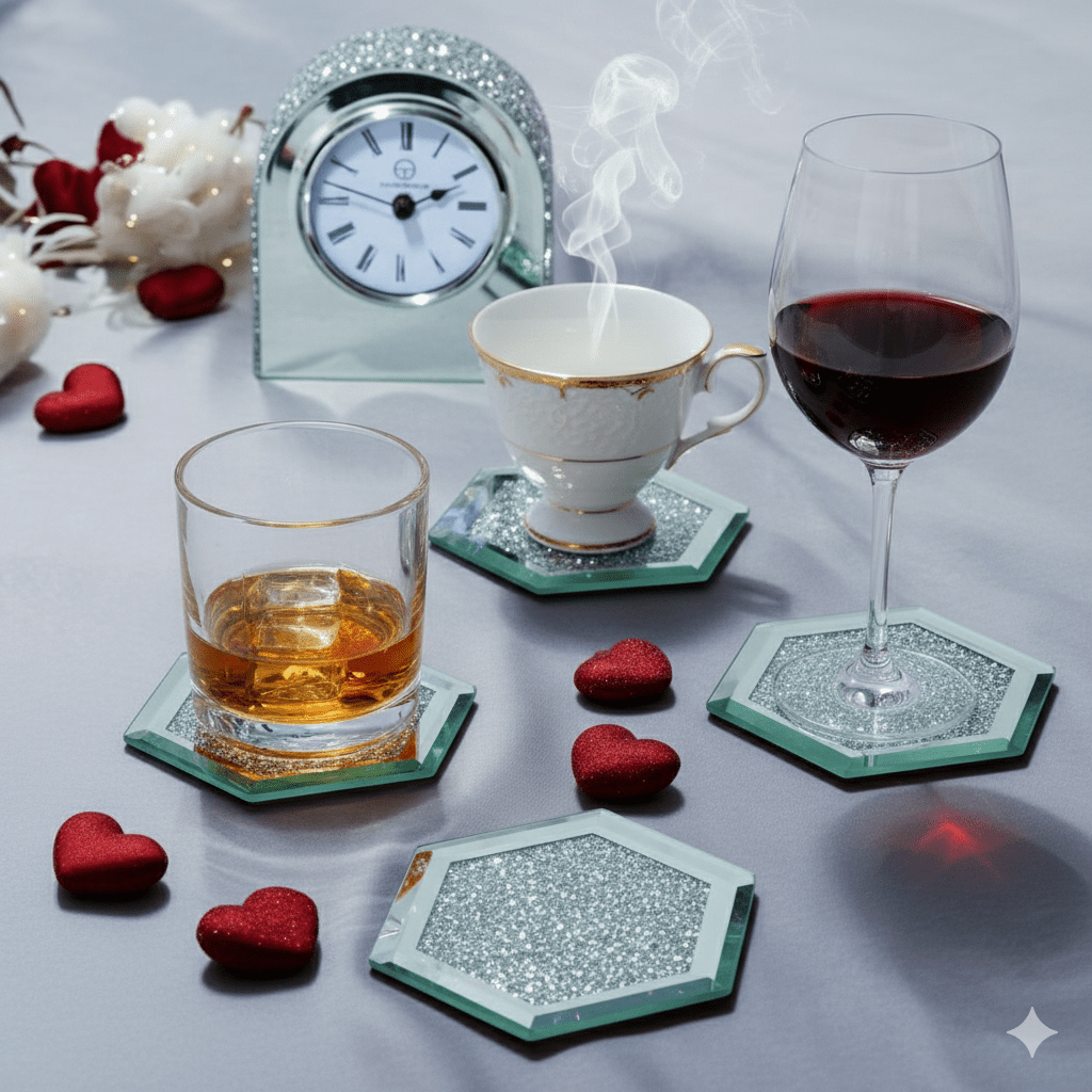 KissICON Hexagon Serenas Hexagon Crystal Glass Glitter Diamond Coaster Set