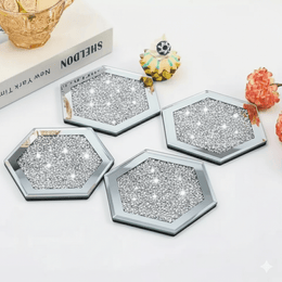 KissICON Hexagon Serenas Hexagon Crystal Glass Glitter Diamond Coaster Set