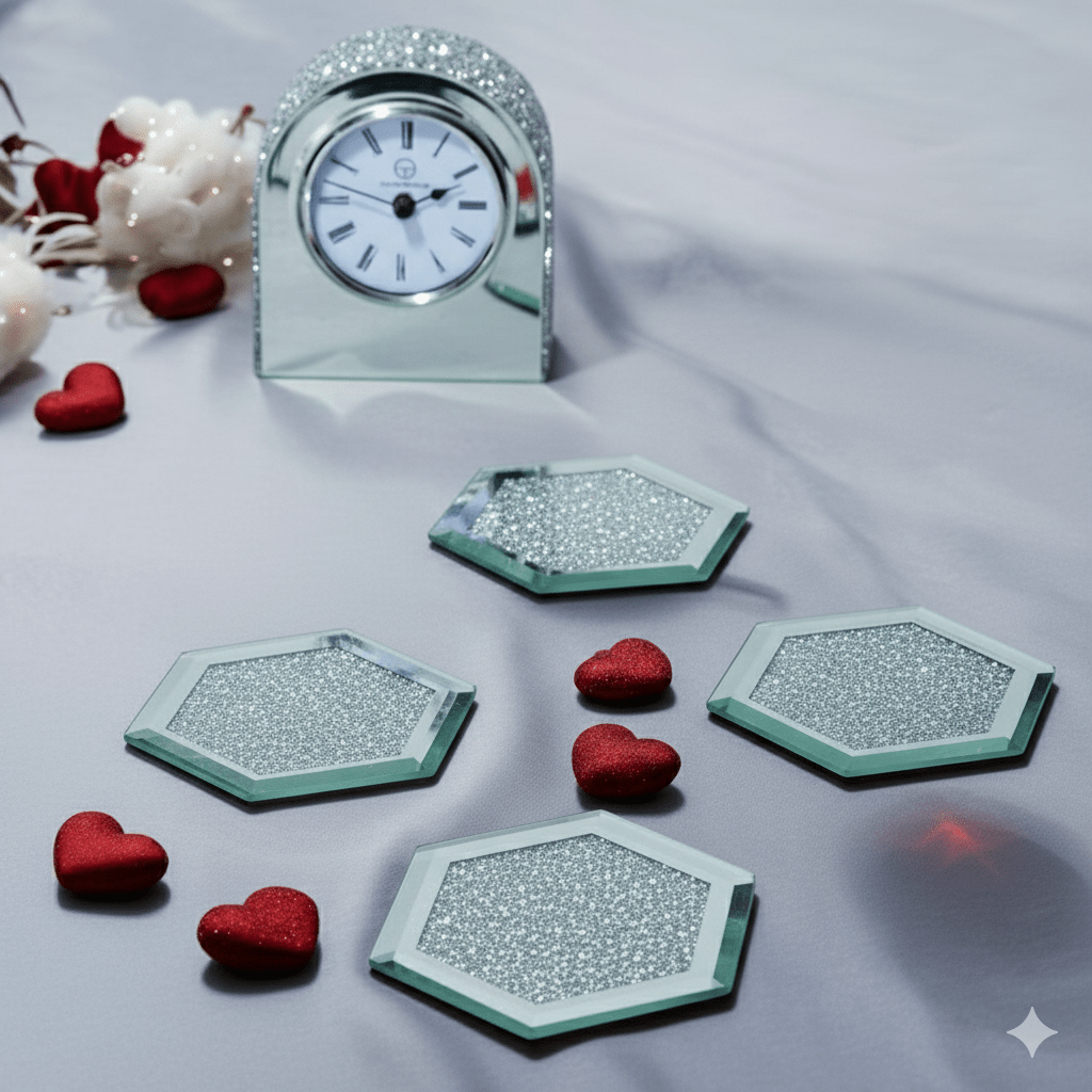 KissICON Hexagon Serenas Hexagon Crystal Glass Glitter Diamond Coaster Set
