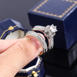 KissICON High Quality Crystal Zircon Wedding Ring Set Fashion Big Stone Finger Ring Promise Bridal Engagement S925 Silver Rings for Women