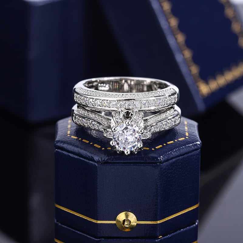 KissICON High Quality Crystal Zircon Wedding Ring Set Fashion Big Stone Finger Ring Promise Bridal Engagement S925 Silver Rings for Women