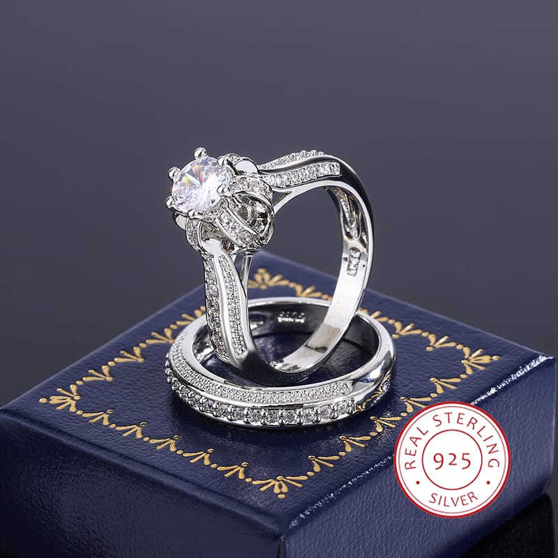 KissICON High Quality Crystal Zircon Wedding Ring Set Fashion Big Stone Finger Ring Promise Bridal Engagement S925 Silver Rings for Women