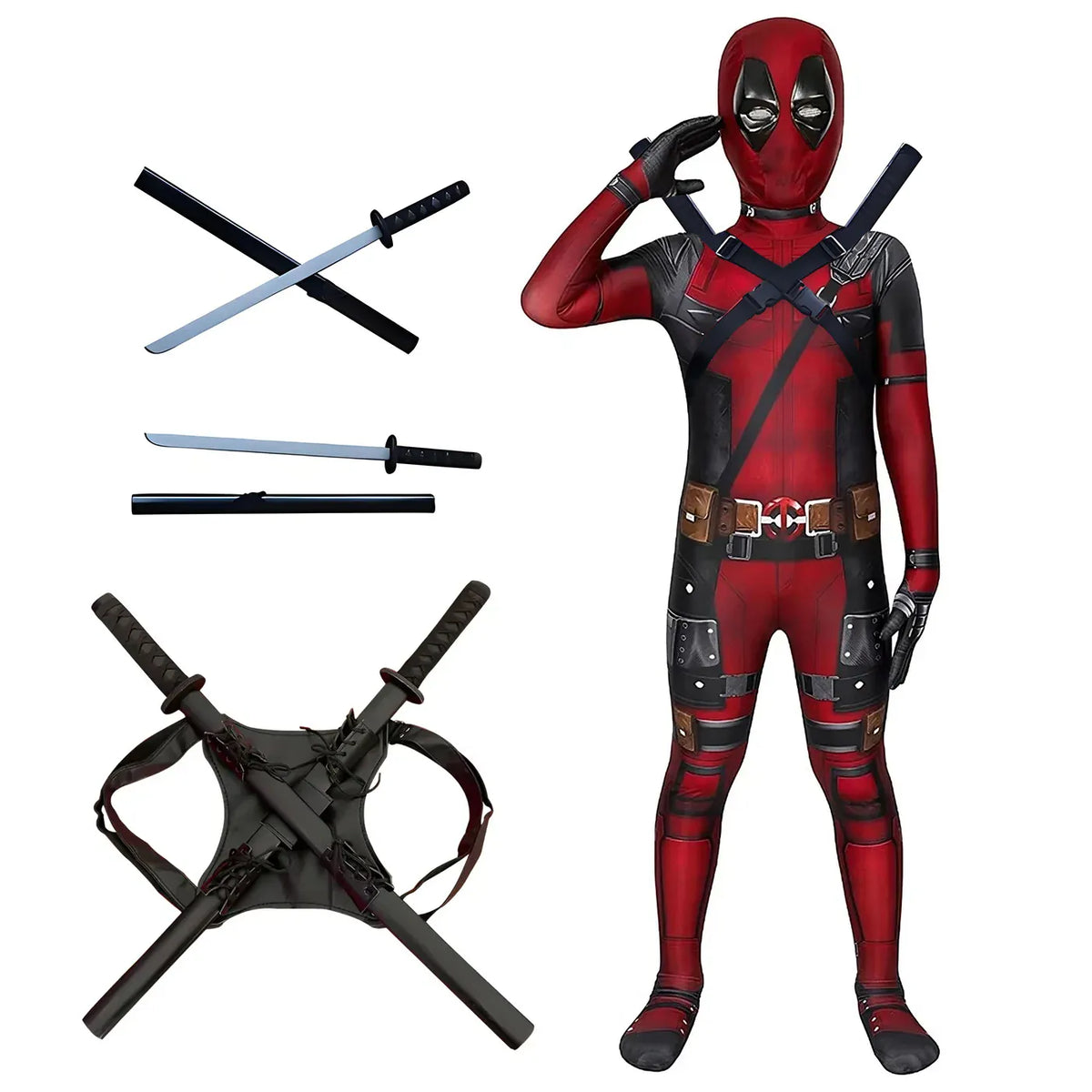 KissICON High Quality Deadpool Costume Halloween Cosplay Costume Deadpool Suit Jumpsuit deadpool Costume Carnival Festival Gift Sword Set