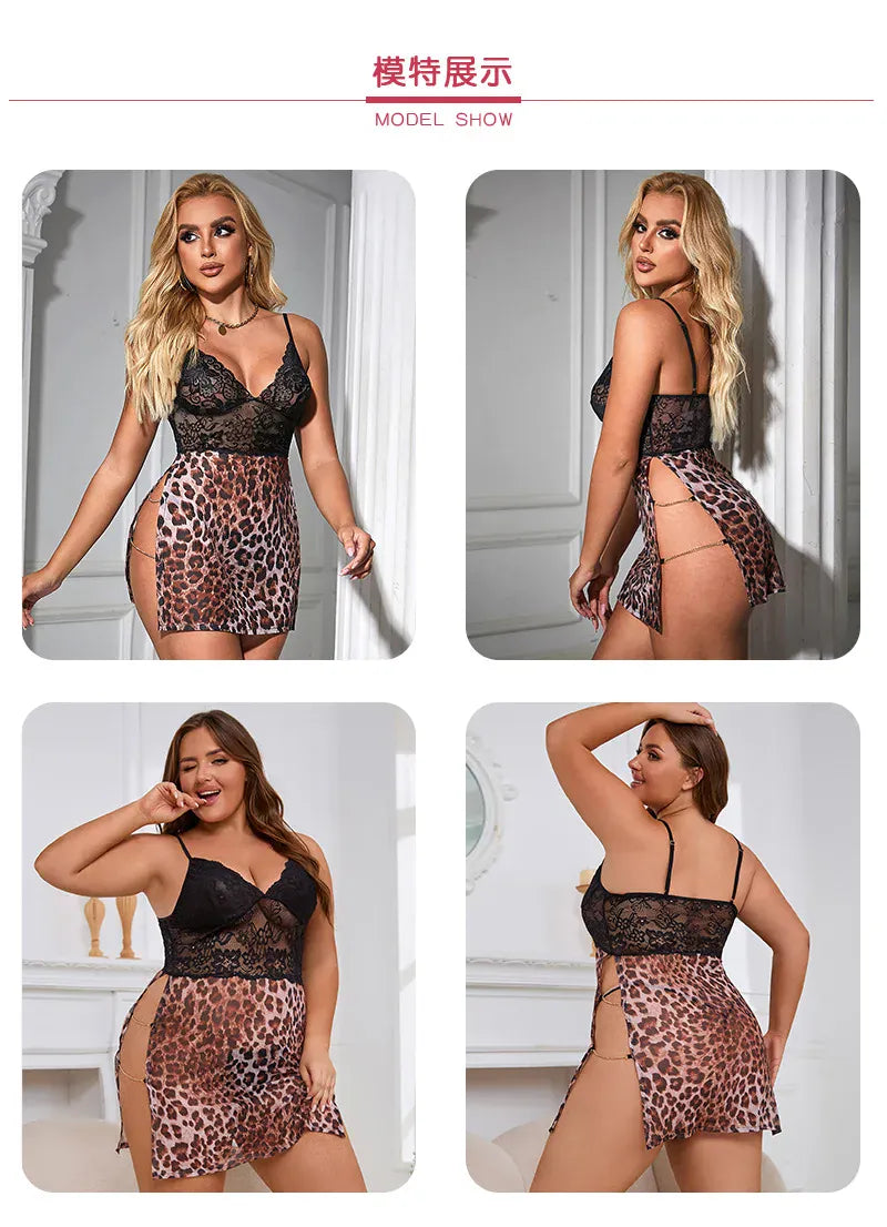 KissICON High quality Plus Size Woman Leopard Print sexy sleepwear night wear sleep dressnightdress lingerie from M-5XL
