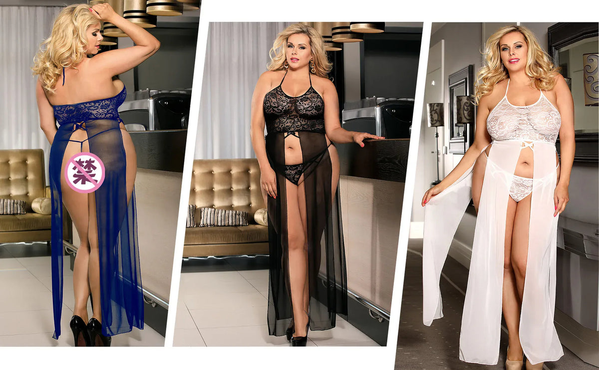 KissICON High Quality Plus Size Women Pajama Hot  white transparent Long Robe Nightgowns Erotic Sleepwear Sexy Adult  Night Dress M-5XL