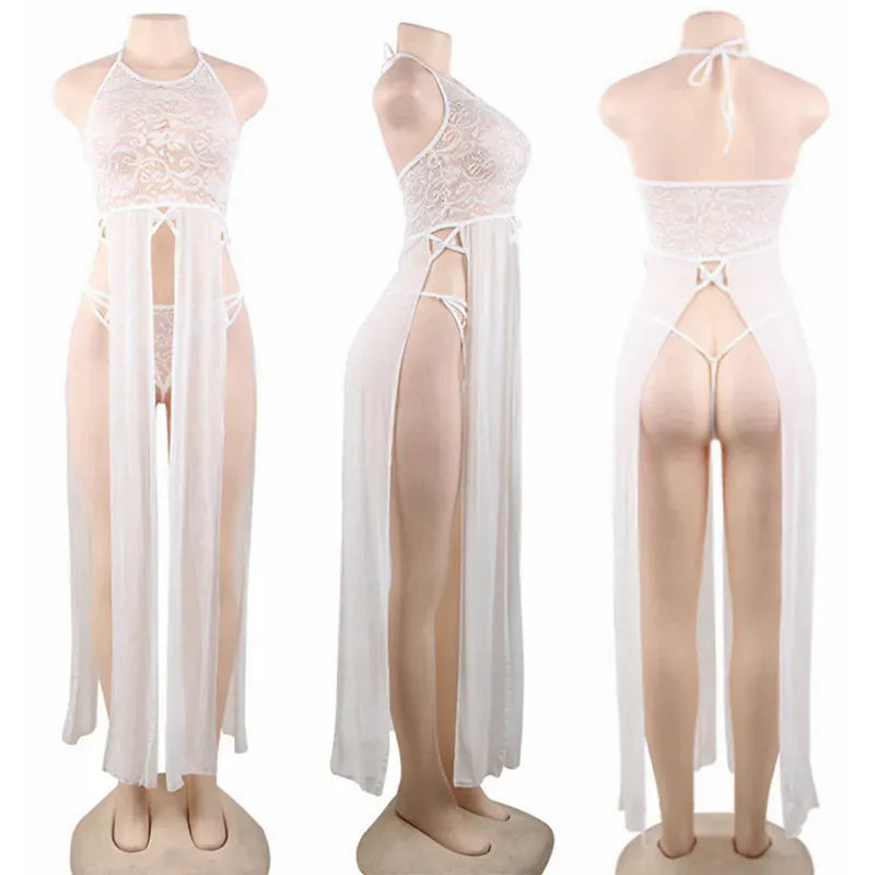 KissICON High Quality Plus Size Women Pajama Hot  white transparent Long Robe Nightgowns Erotic Sleepwear Sexy Adult  Night Dress M-5XL
