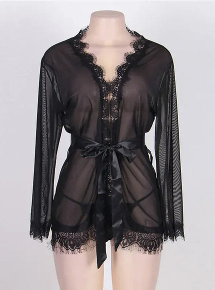 KissICON High Quality Women's Sheer Mesh Robe Set Transparent V Neck Sleepwear Nightgown Plus Size Sexy Babydoll Lingerie with Panties