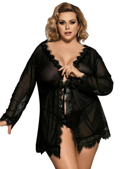 KissICON High Quality Women's Sheer Mesh Robe Set Transparent V Neck Sleepwear Nightgown Plus Size Sexy Babydoll Lingerie with Panties