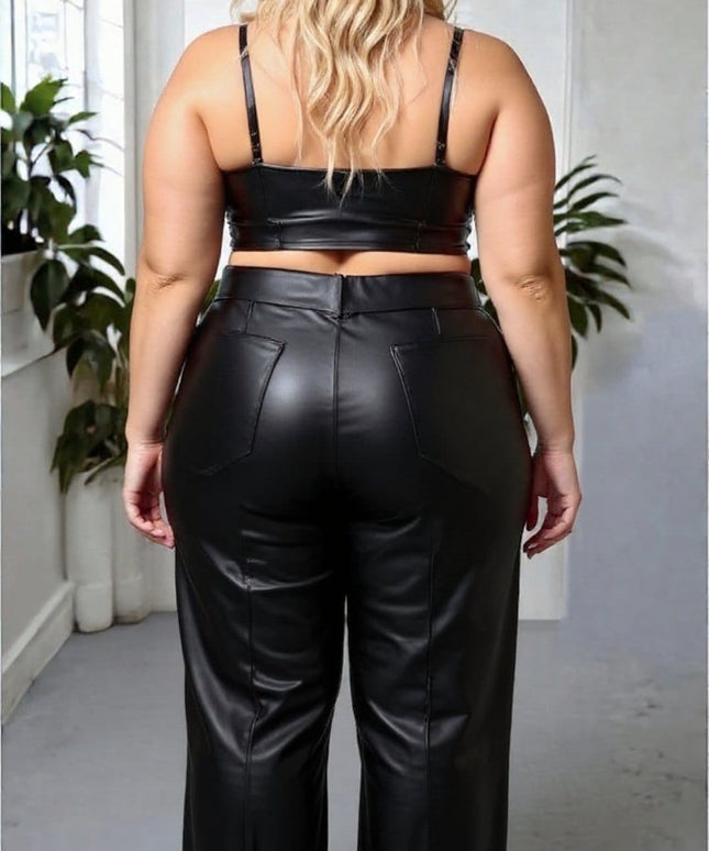 KissICON High Waist Faux Leather Wide Leg Trousers – Black