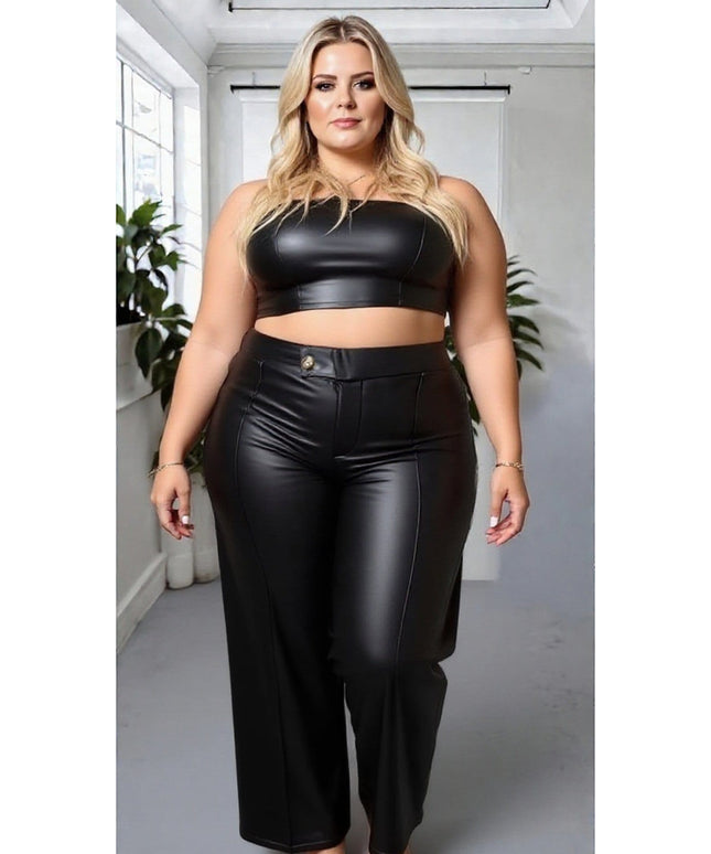 KissICON High Waist Faux Leather Wide Leg Trousers – Black
