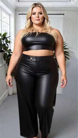 KissICON High Waist Faux Leather Wide Leg Trousers – Black
