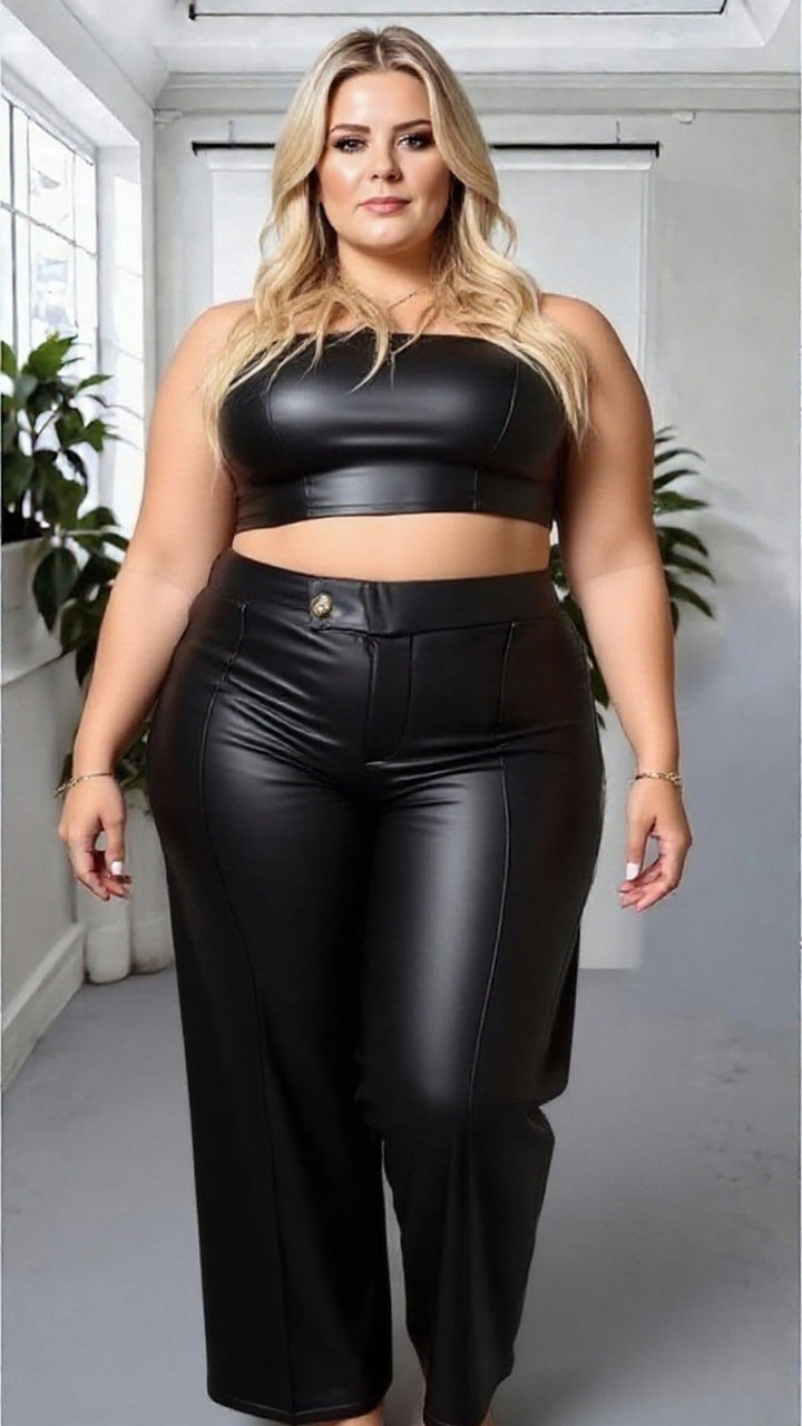 High Waist Faux Leather Wide Leg Trousers – Black