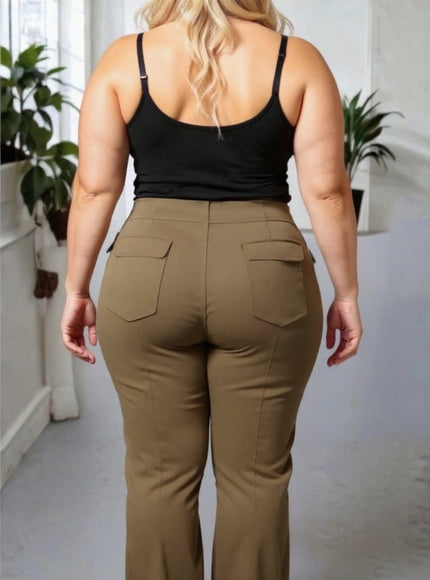 KissICON High Waist Khaki Cargo Flare Trousers – Stretch Fit
