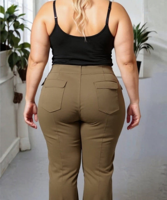 KissICON High Waist Khaki Cargo Flare Trousers – Stretch Fit