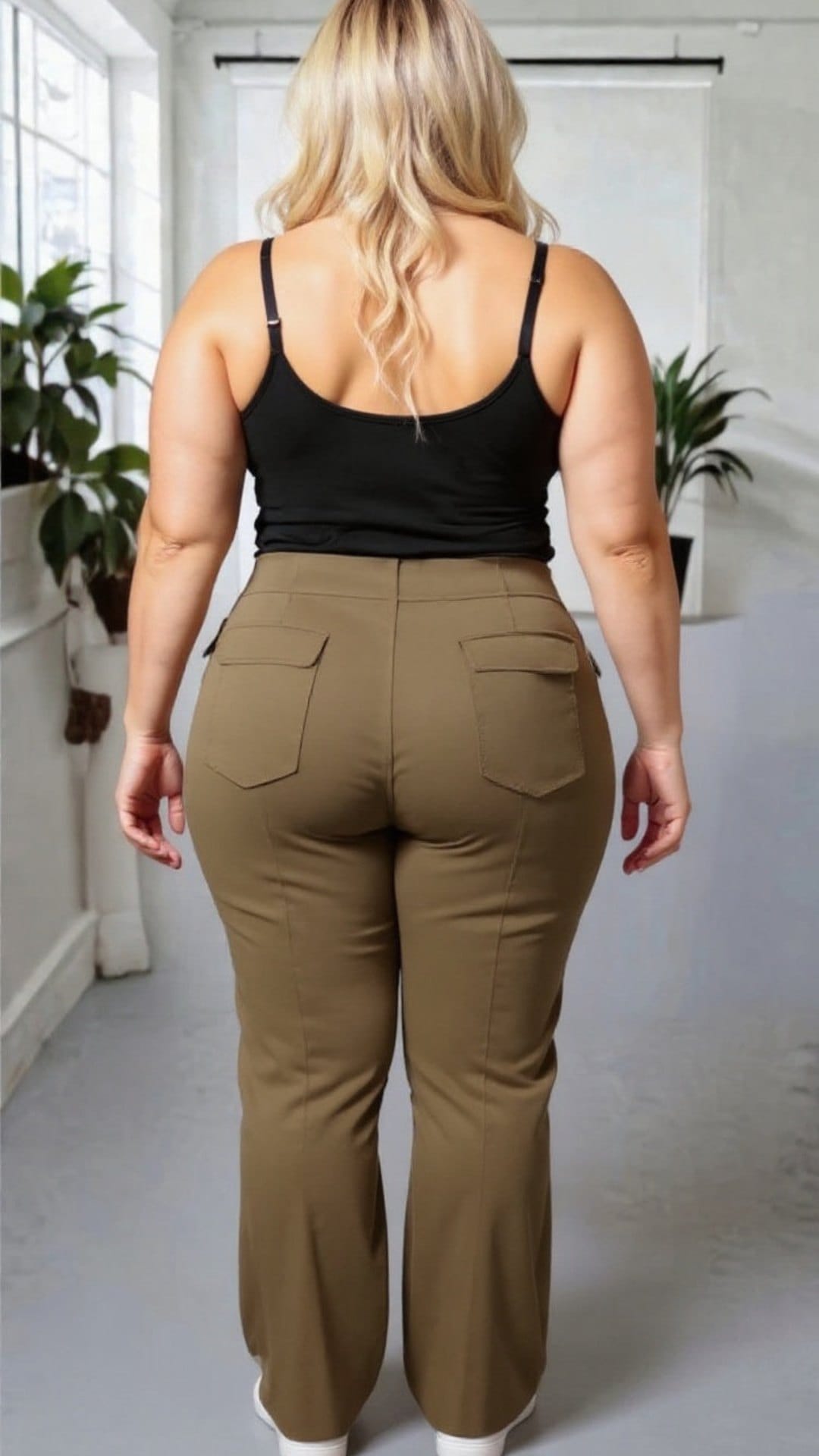 KissICON High Waist Khaki Cargo Flare Trousers – Stretch Fit