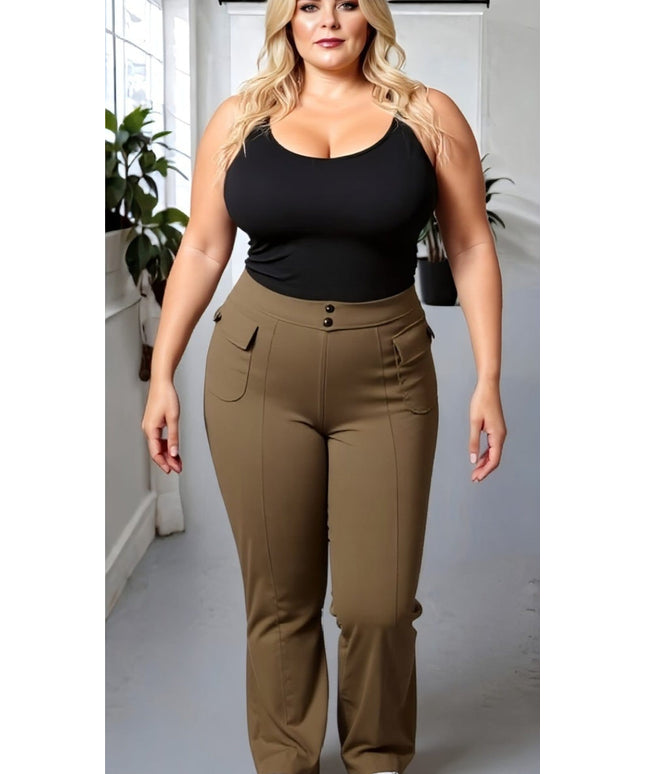 KissICON High Waist Khaki Cargo Flare Trousers – Stretch Fit