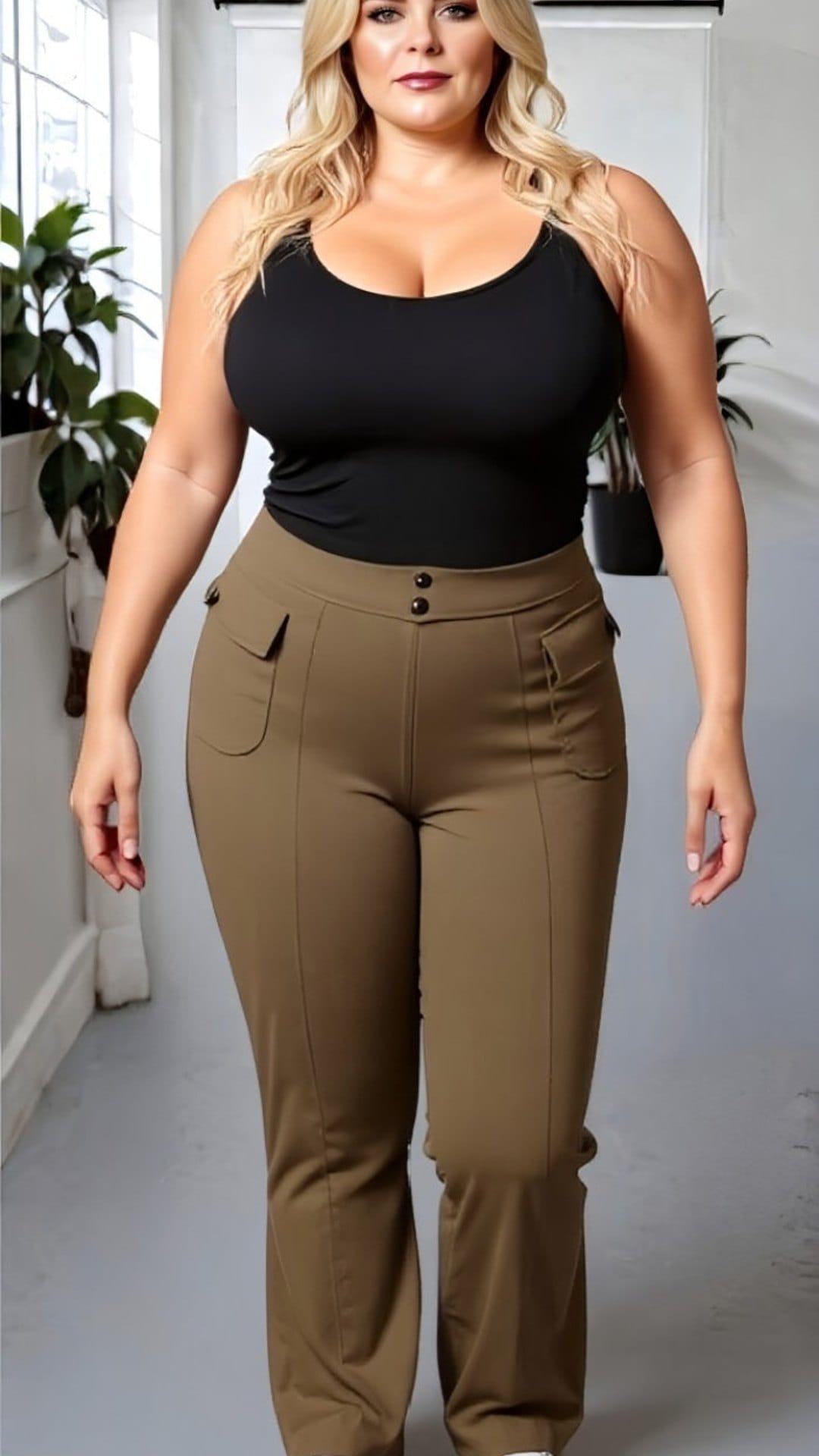 KissICON High Waist Khaki Cargo Flare Trousers – Stretch Fit
