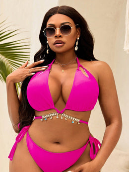 KissICON Hot Pink / 0XL Curve Solid Color Halter Tie Triangle Cup