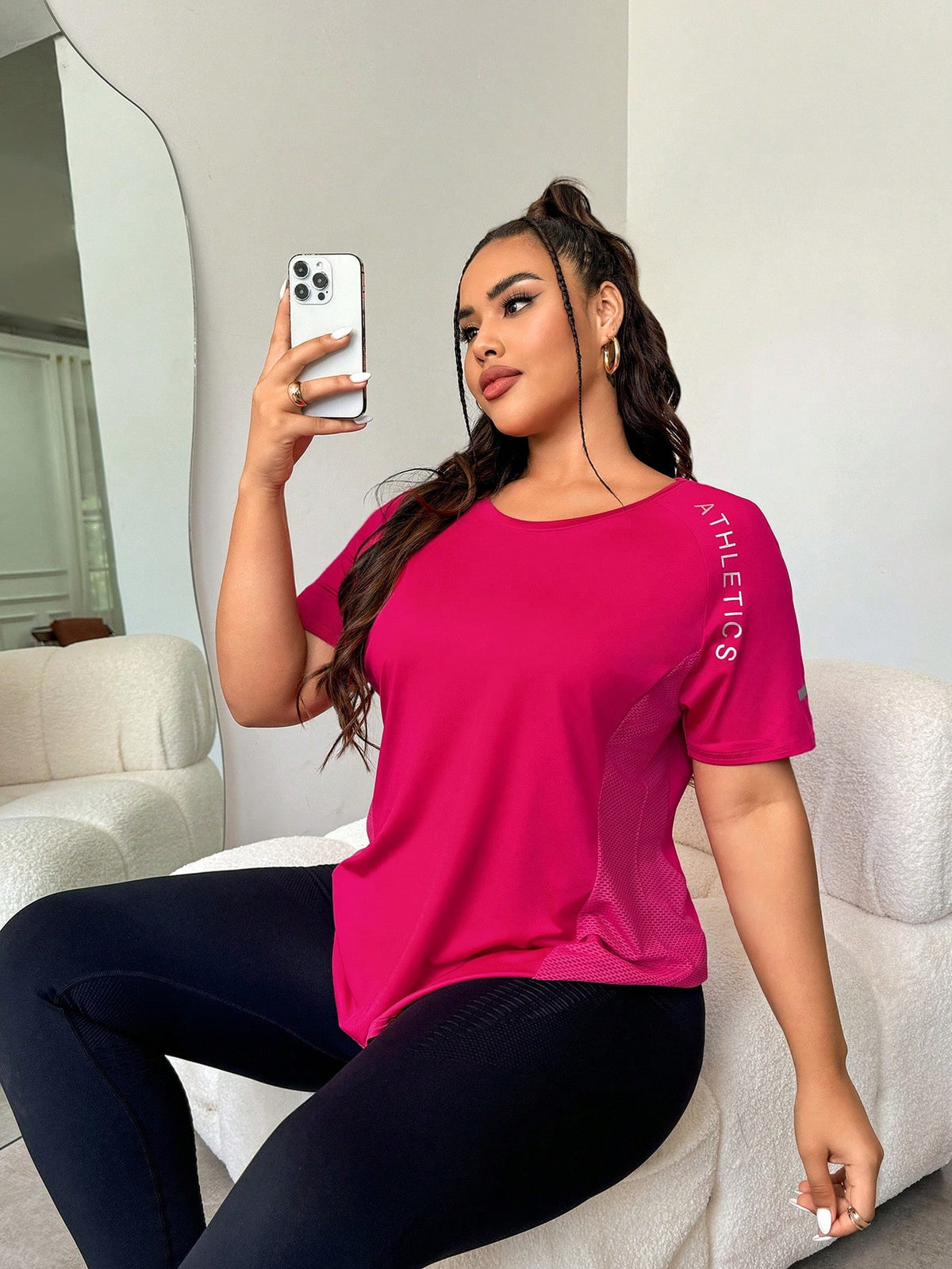 Easithlete Hot Pink / 1XL Hem Letter Print Summer Sports Short Sleeve T-Shirt Plus Size