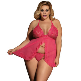 KissICON Hot Pink / 3XL(INT.XL-2XL) Plus size half tansparent mesh satin women sexy lingerie set nightgown and sleepshirts babydoll chemise with G-String from M-5XL
