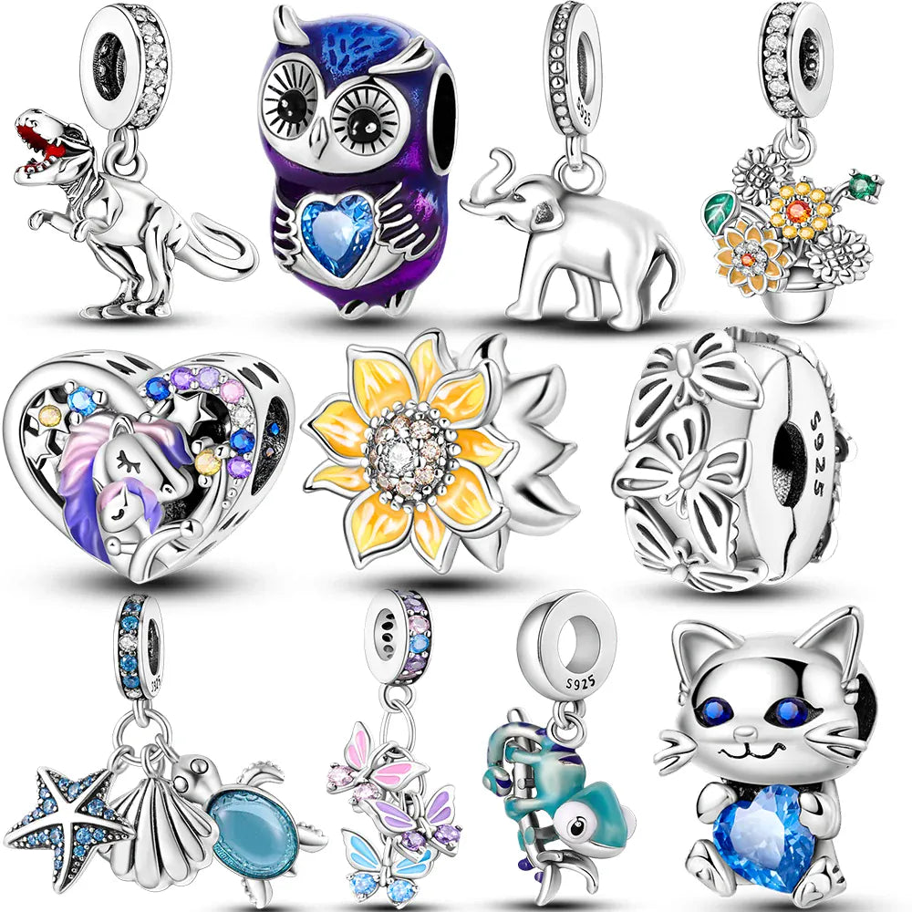 KissICON Hot Sale 925 Silver Butterfly Chameleon Owl Sunflower Charms Fit Original Bracelet Necklace DIY Bead For Women Jewelry