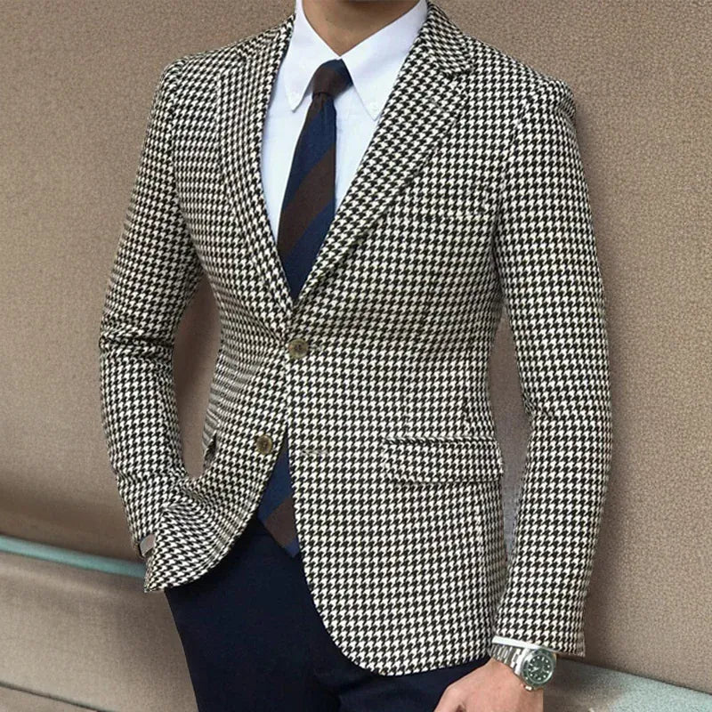 KissICON Houndstooth Plaid Slim Fit Mens Casual Blazer Jacket