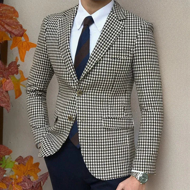 KissICON Houndstooth Plaid Slim Fit Mens Casual Blazer Jacket
