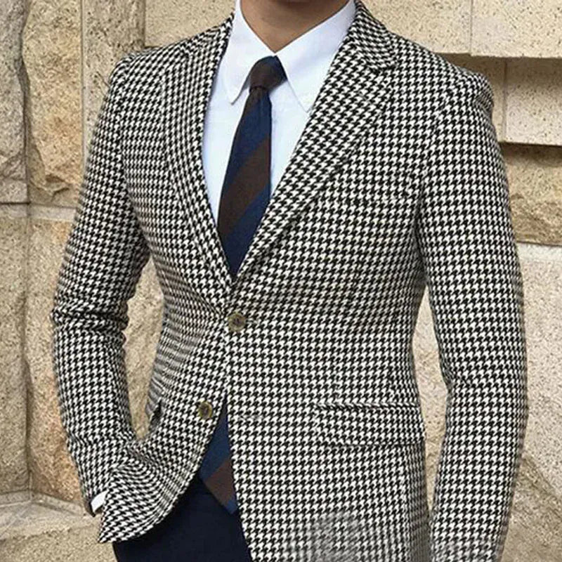 KissICON Houndstooth Plaid Slim Fit Mens Casual Blazer Jacket