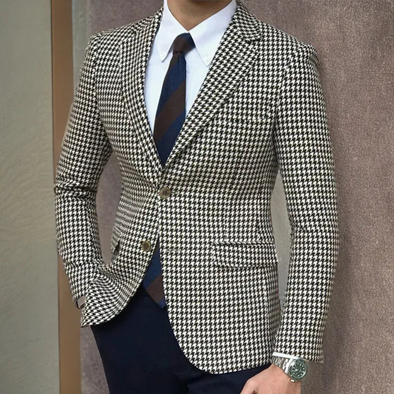 KissICON Houndstooth Plaid Slim Fit Mens Casual Blazer Jacket