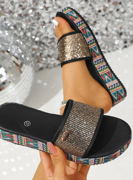 KissICON Footwear Hyd-Lp-20 / 40 Sequined Roman Peep-Toe Sandals – Low Heel | KissICON