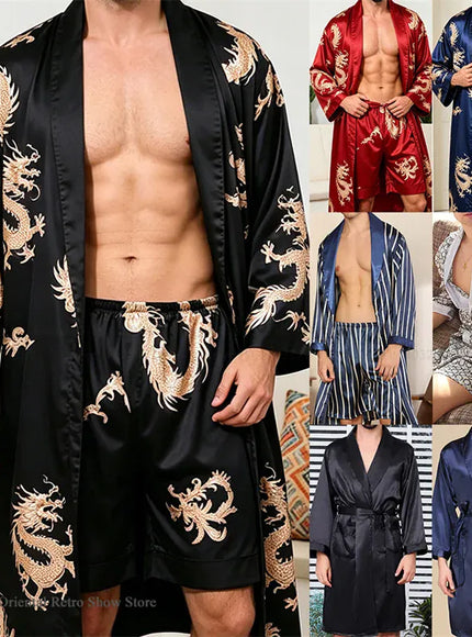 KissICON Ice Silk Plus Size Mens Spring Summer Pajama Robe Set