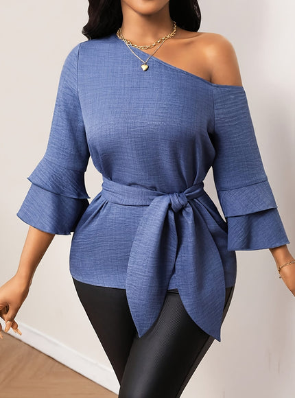 KissICON 【imitation denim】Plus Size - Elegant Plus-Size Solid Color Shirt with a Faux Denim Look, Featuring a Slanted Shoulder And a Belt, with Three-Quarter Sleeves.