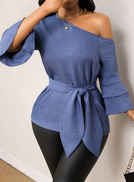 KissICON 【imitation denim】Plus Size - Elegant Plus-Size Solid Color Shirt with a Faux Denim Look, Featuring a Slanted Shoulder And a Belt, with Three-Quarter Sleeves.