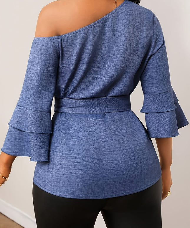 KissICON 【imitation denim】Plus Size - Elegant Plus-Size Solid Color Shirt with a Faux Denim Look, Featuring a Slanted Shoulder And a Belt, with Three-Quarter Sleeves.