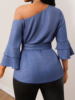 KissICON 【imitation denim】Plus Size - Elegant Plus-Size Solid Color Shirt with a Faux Denim Look, Featuring a Slanted Shoulder And a Belt, with Three-Quarter Sleeves.