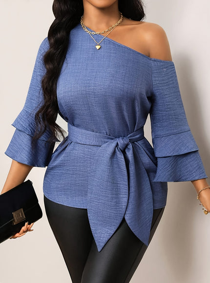 KissICON 【imitation denim】Plus Size - Elegant Plus-Size Solid Color Shirt with a Faux Denim Look, Featuring a Slanted Shoulder And a Belt, with Three-Quarter Sleeves.