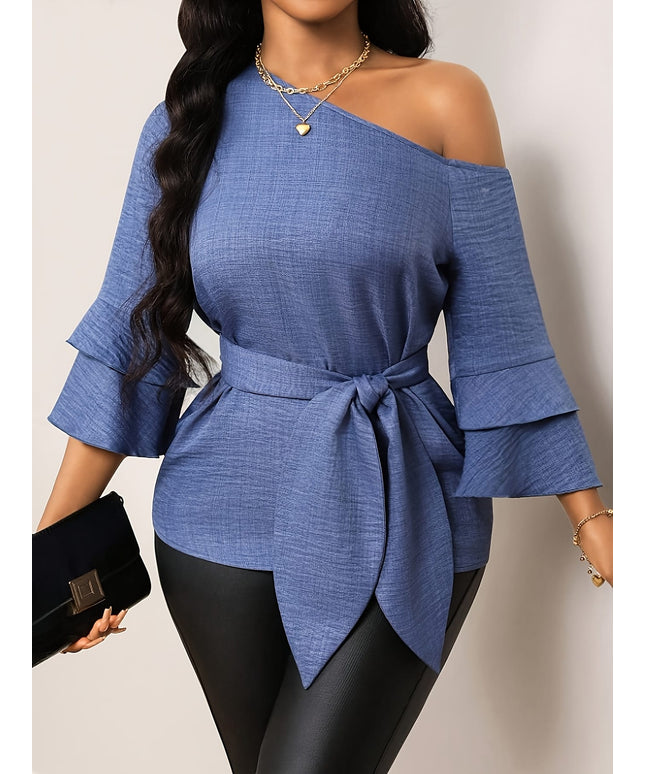 KissICON 【imitation denim】Plus Size - Elegant Plus-Size Solid Color Shirt with a Faux Denim Look, Featuring a Slanted Shoulder And a Belt, with Three-Quarter Sleeves.