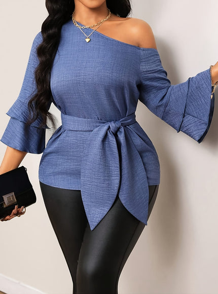 KissICON 【imitation denim】Plus Size - Elegant Plus-Size Solid Color Shirt with a Faux Denim Look, Featuring a Slanted Shoulder And a Belt, with Three-Quarter Sleeves.